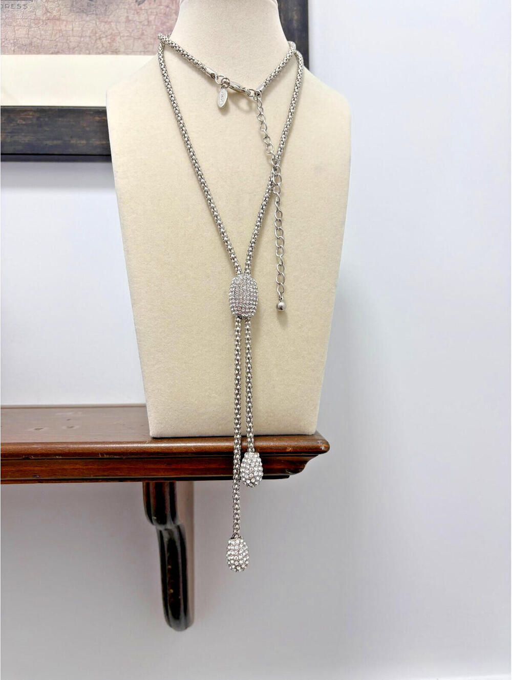 Long Chico's Silver Tone Rounded Box Chain w/ Rhinestone Drop Pendant Dangle 32"